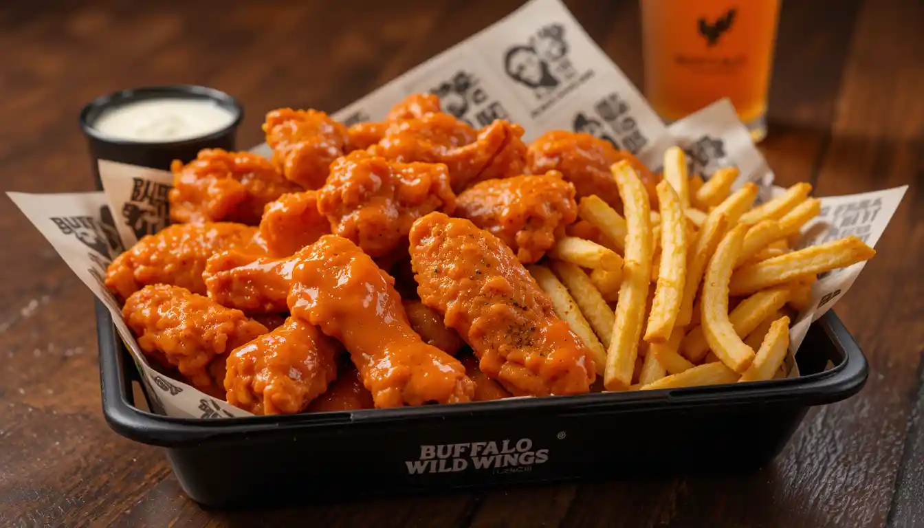 Buffalo Wild 15 Boneless Wings + 5 Tenders + Fries Deal 2025 1 "buffalo wild 15 BONELESS wings + 5 TENDERS + FRIES served with ranch dip in branded tray