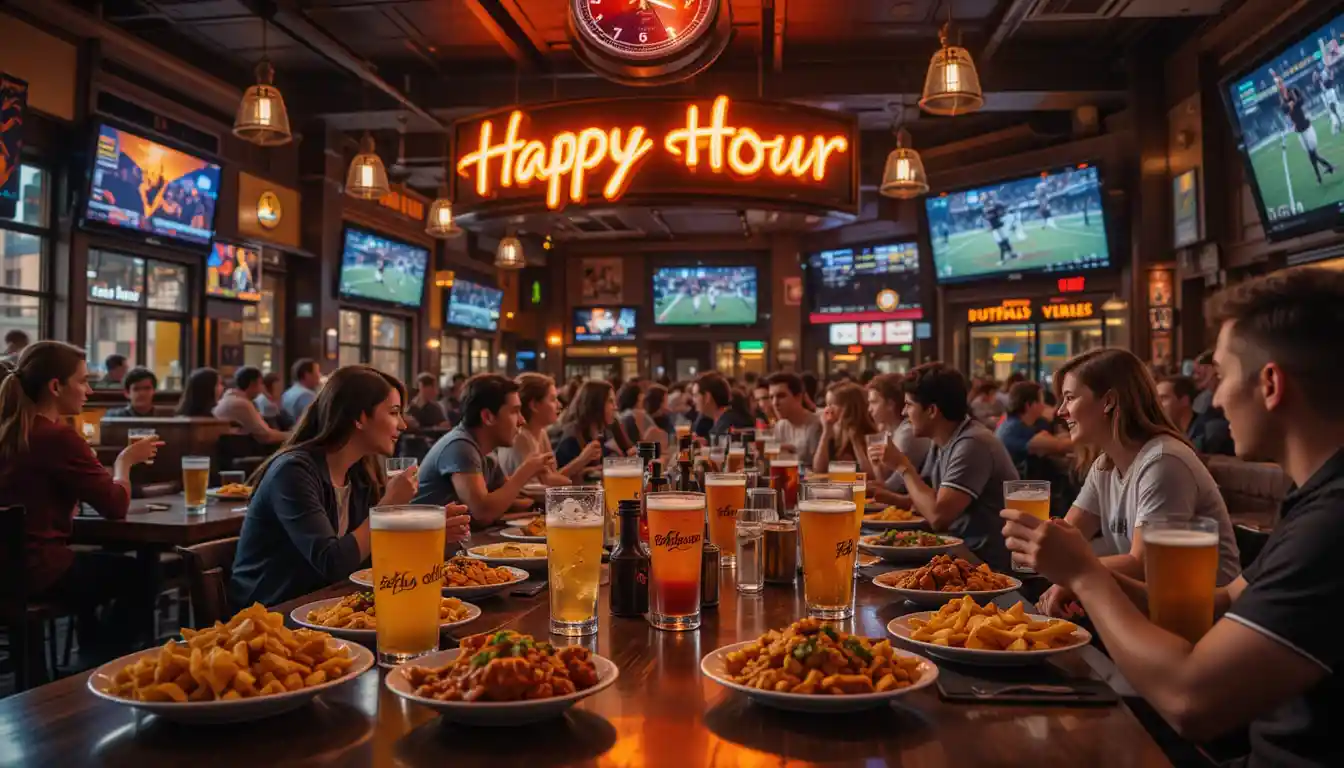 Buffalo Wild Wings happy hour scene with beer, appetizers, and sports bar atmosphere from 4 to 6 PM.