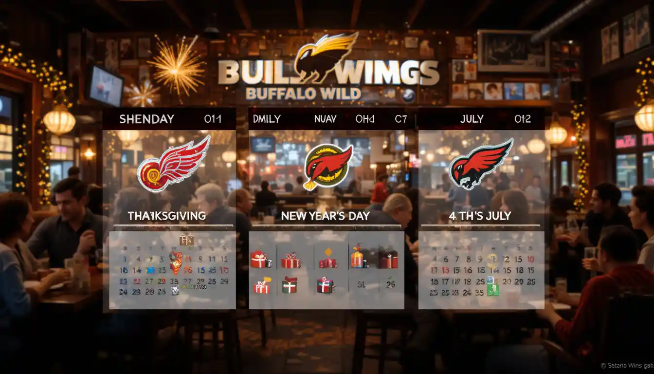 Buffalo Wild Wings holiday schedule marked on a festive calendar with major holidays like Thanksgiving and Christmas, and a decorated restaurant in the background.