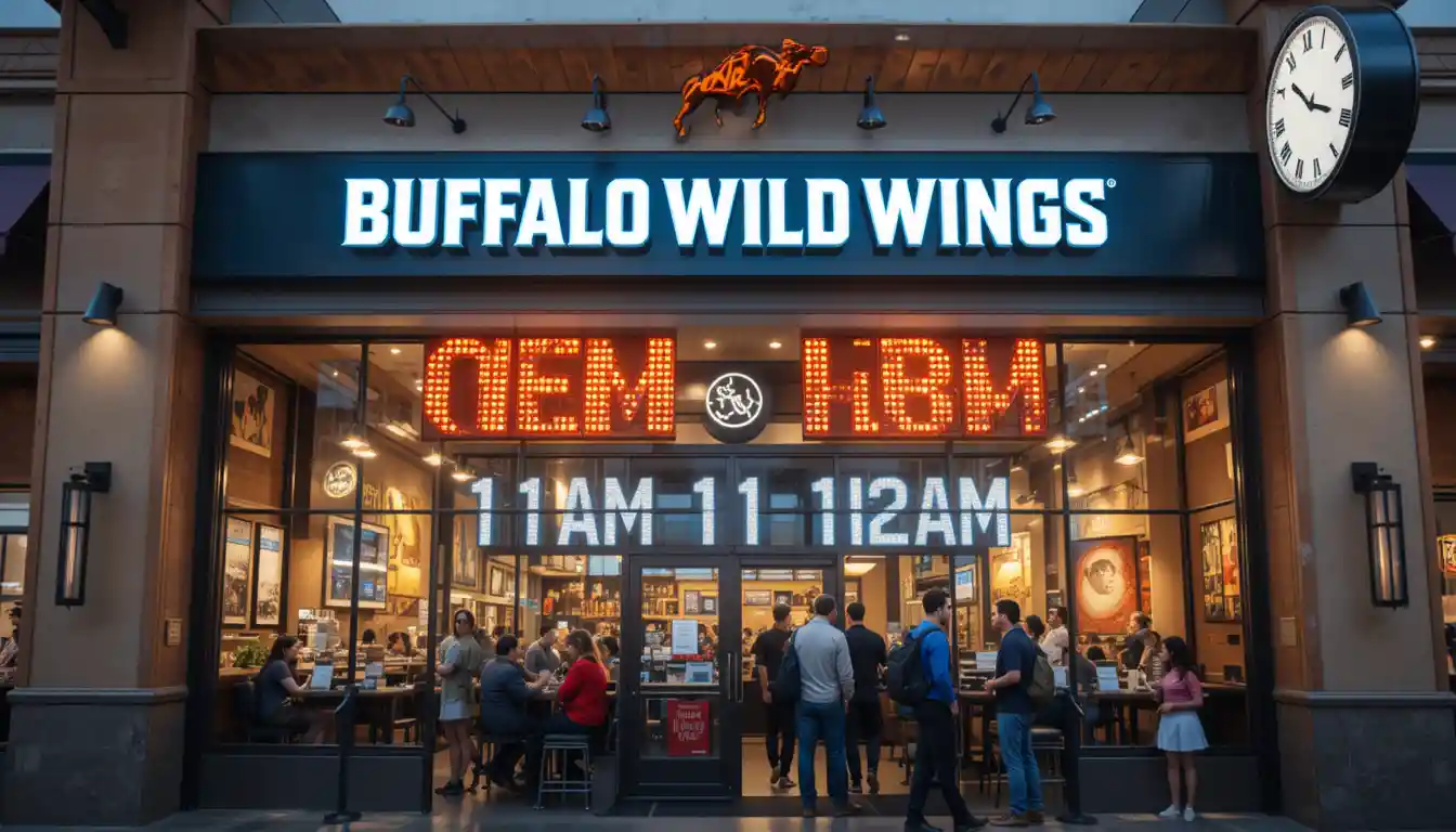 Buffalo Wild Wings hours displayed outside a restaurant with open and close times and customers arriving.