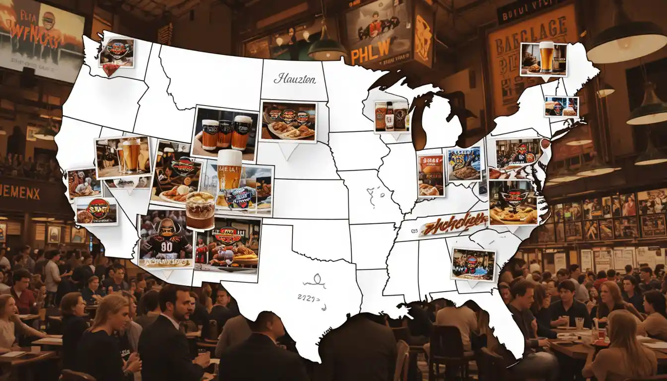 Buffalo Wild Wings locations highlighted on a US map with top cities like San Antonio and Chicago, featuring wings and sports bar visuals.