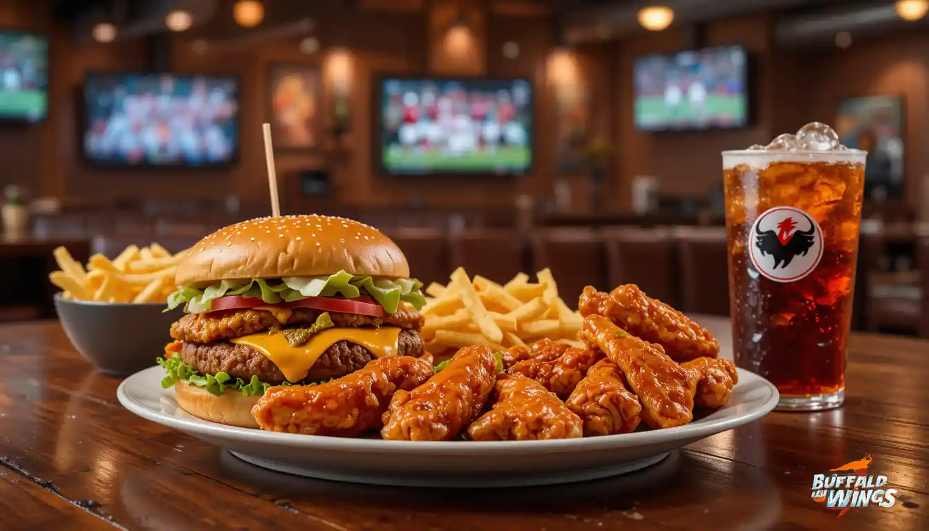 Buffalo Wild Wings lunch menu featuring traditional wings, cheeseburger, fries, Caesar salad, and soft drink in a sports bar setting.