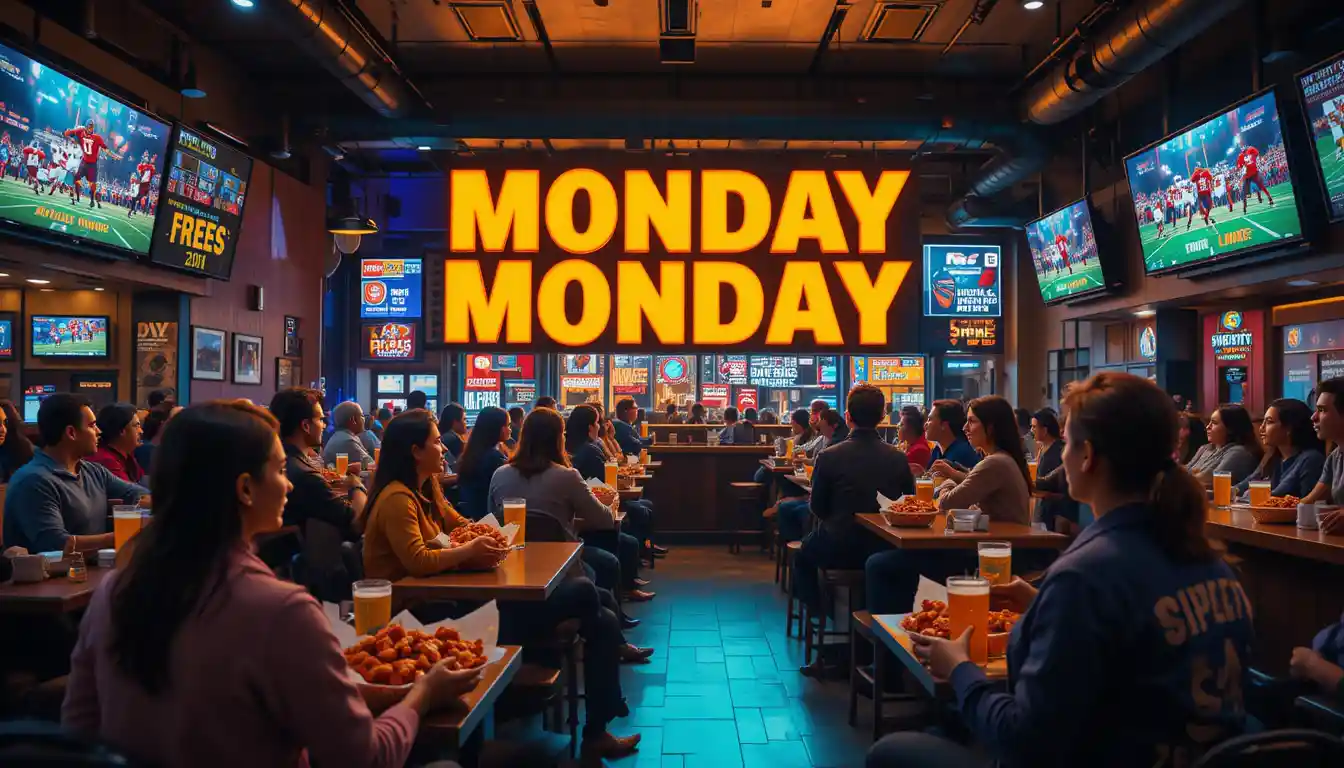 Buffalo Wild Wings Monday Specials with boneless wings deals and football fans enjoying food and drinks in a sports bar setting.