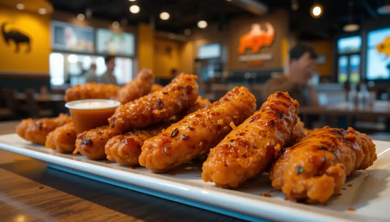 Buffalo Wild Wings Naked Tenders Price & Nutrition 2025 1 Buffalo Wild Wings Naked Tenders served in buffalo wild wings restaurant with ranch and visible logo