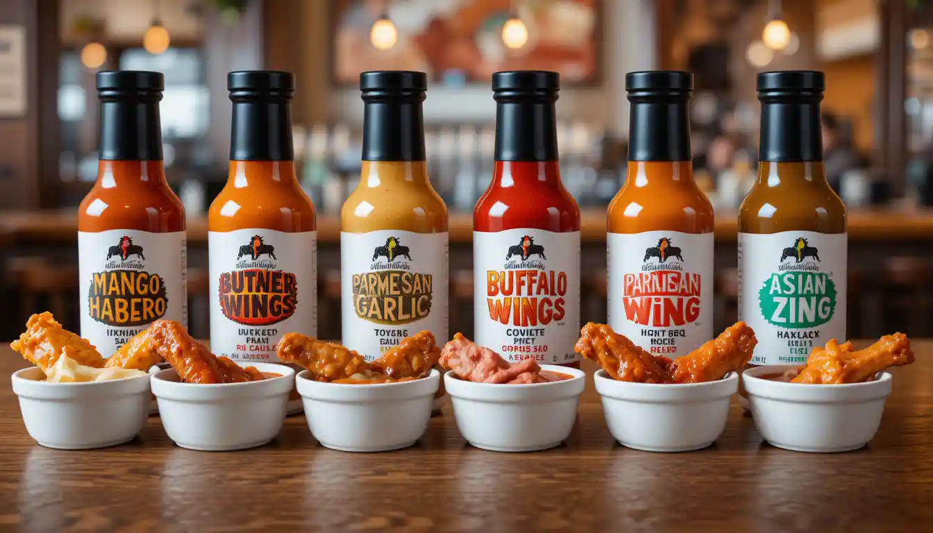Buffalo Wild Wings sauces displayed in ramekins with wings, featuring flavors like Mango Habanero, Parmesan Garlic, and Blazin’ in a sports bar setting.
