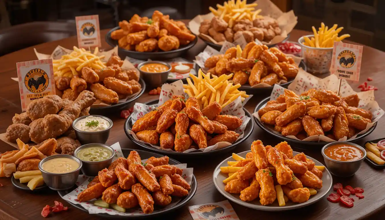 "Buffalo Wild Wings Specials Today featuring a table with assorted wings, fries, and sauces, highlighting daily deals like BOGO Boneless Thursdays and All You Can Eat Wings, set in a lively sports bar environment.