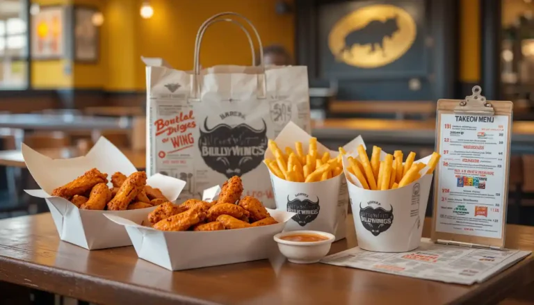 Buffalo Wild Wings Takeout Menu with wings, fries, sauces and branded takeout bag on table
