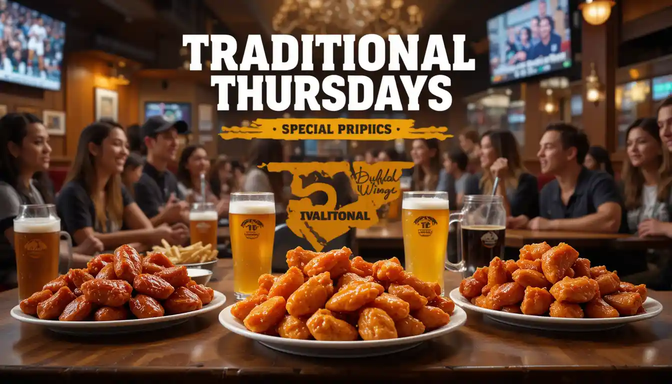 Buffalo Wild Wings Thursday Specials with discounted traditional wings and fans enjoying food and drinks in a sports bar.
