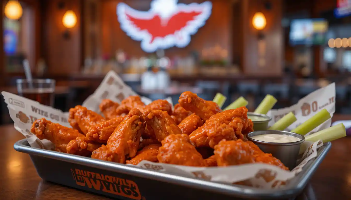 Buffalo Wild Wings Traditional Wings Price & Flavors 2025 1 Buffalo Wild Wings Traditional Wings served with celery and ranch in branded tray.
