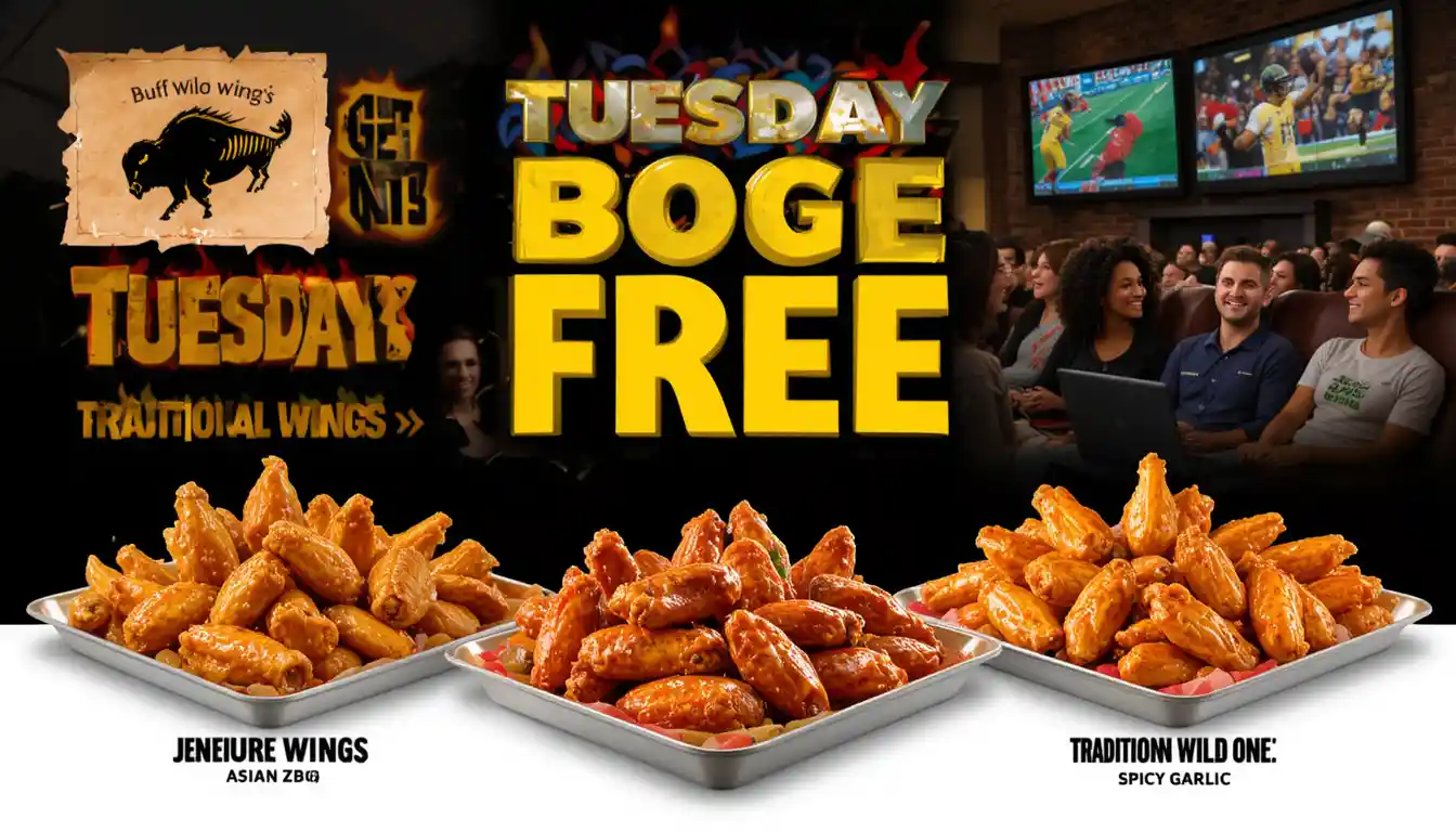 Buffalo Wild Wings Tuesday Special with BOGO traditional wings and fans enjoying food during a sports event.