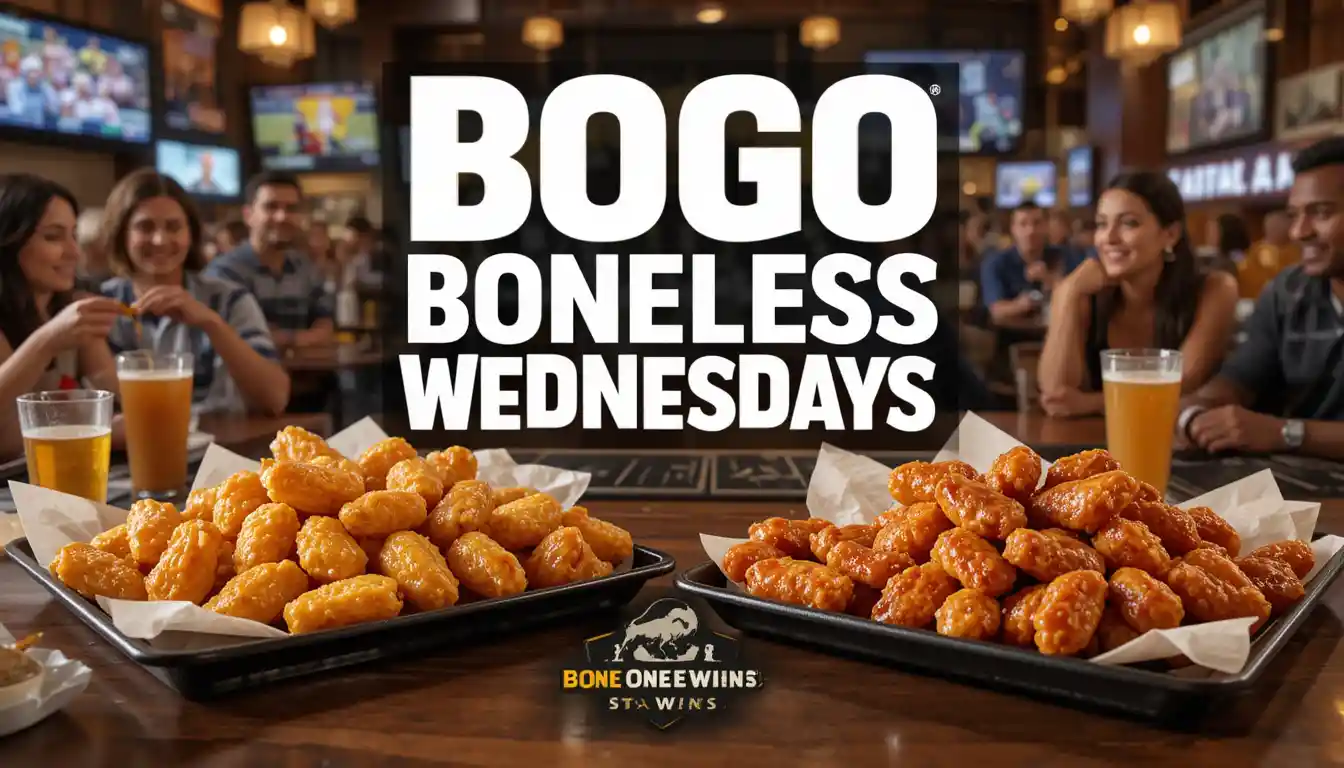 Buffalo Wild Wings Wednesday Specials featuring BOGO boneless wings in various flavors with a lively sports bar setting.