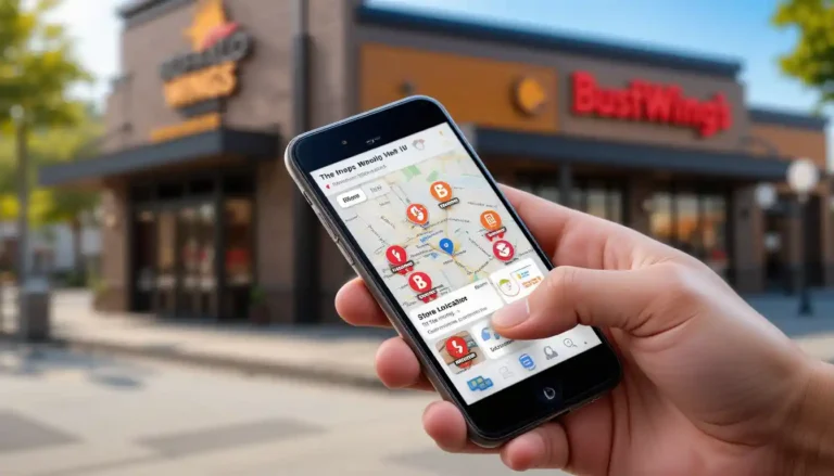 Buffalo Wild Wings store locator shown on a smartphone screen with nearby locations and map pins in a modern, user-friendly interface.