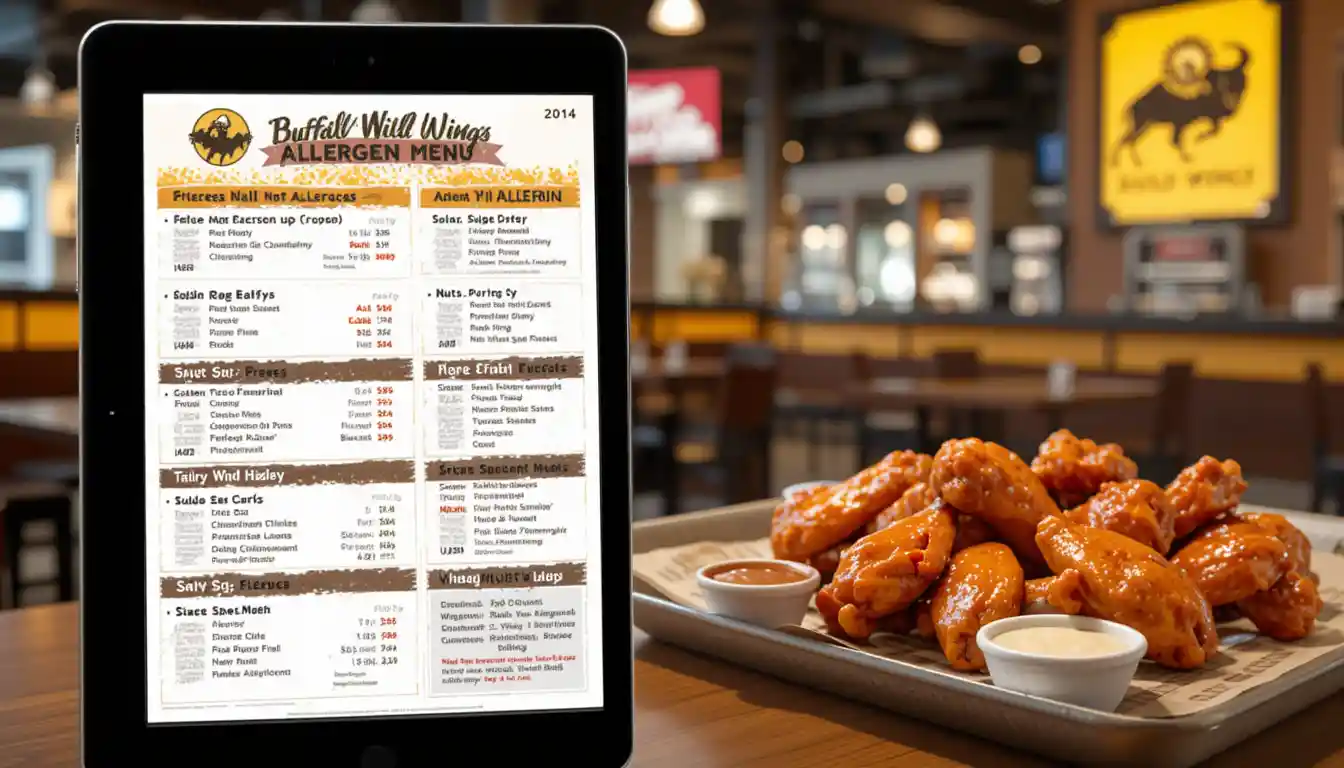 Buffalo Wild Wings Allergen Menu Guide (2025) 1 Buffalo Wild Wings Allergen Menu on tablet with food items and brand logo in restaurant background