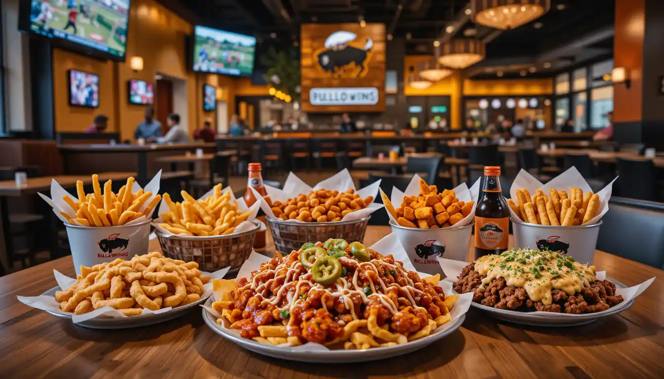 Buffalo Wild Wings Appetizers Menu 2025 | Top Starters 1 A variety of Buffalo Wild Wings appetizers including mozzarella sticks, onion rings, fried pickles, and loaded nachos served on a table inside the restaurant with branded packaging and Buffalo Wild Wings logo in the background.