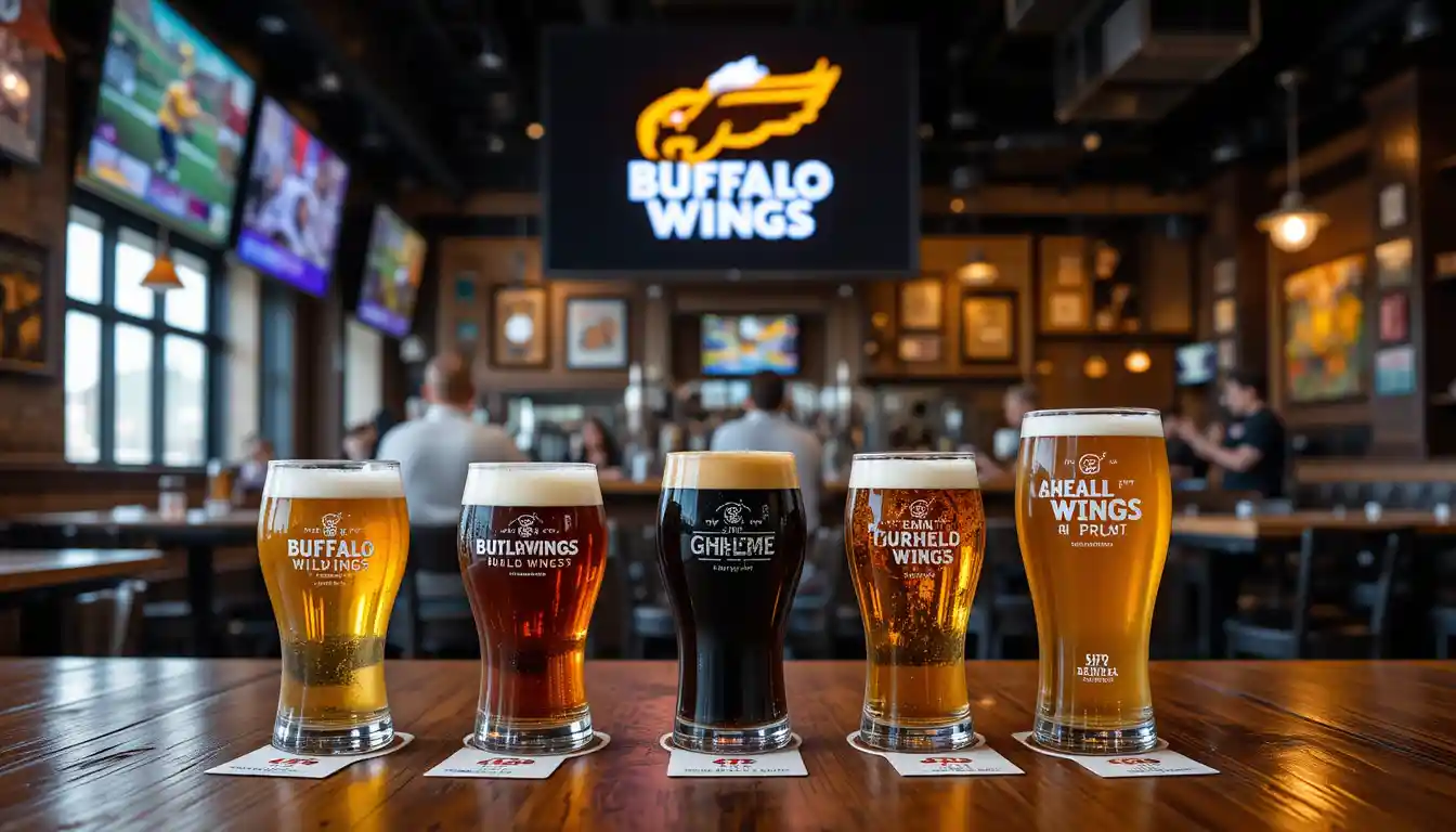 Buffalo Wild Wings Beer Menu | Drafts, Bottles & Styles 1 A selection of beers from the Buffalo Wild Wings beer menu including a tasting flight, lager, stout, and IPA, served in branded glassware with the Buffalo Wild Wings logo and sports bar atmosphere in the background.