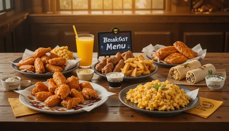 "Buffalo Wild Wings breakfast menu featuring wings, chicken & waffles, and breakfast burritos with sauces and visible Buffalo Wild Wings logo"