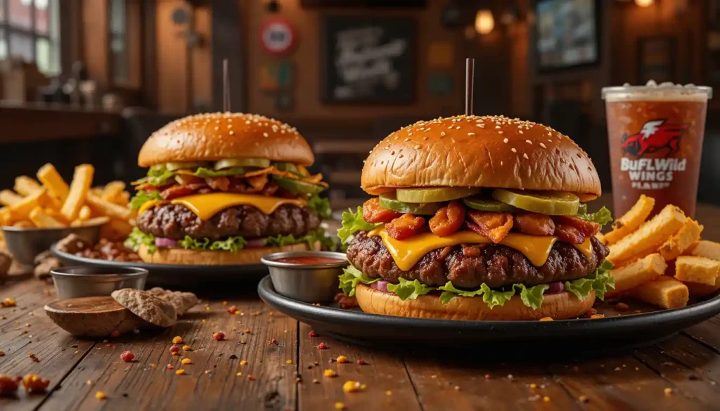 "Buffalo Wild Wings burgers including cheeseburgers and brisket burgers served with fries and sauces on table with visible Buffalo Wild Wings logo"