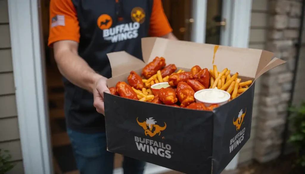 Buffalo Wild Wings delivery with wings and fries being delivered in branded packaging to a customer’s doorstep, with the Buffalo Wild Wings logo clearly visible.