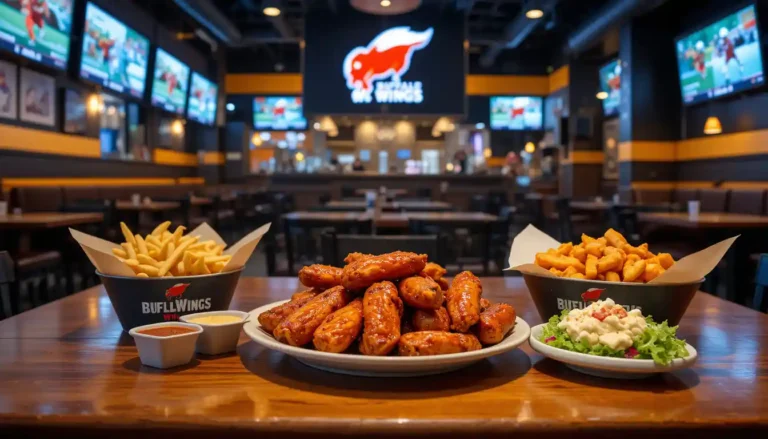 Buffalo Wild Wings dinner Menu meal featuring traditional and boneless wings, seasoned fries, and a Caesar salad, all served on branded plates inside the restaurant with the Buffalo Wild Wings logo and sports-themed interior in the background.
