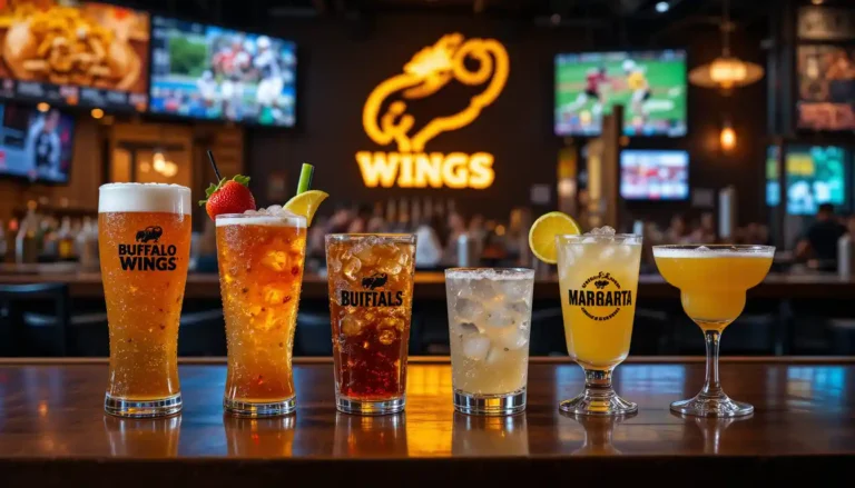 A variety of drinks from the Buffalo Wild Wings drinks menu including beer, cocktail, soda, and margarita, served in branded glassware at the bar with the Buffalo Wild Wings logo and sports-themed interior in the background.