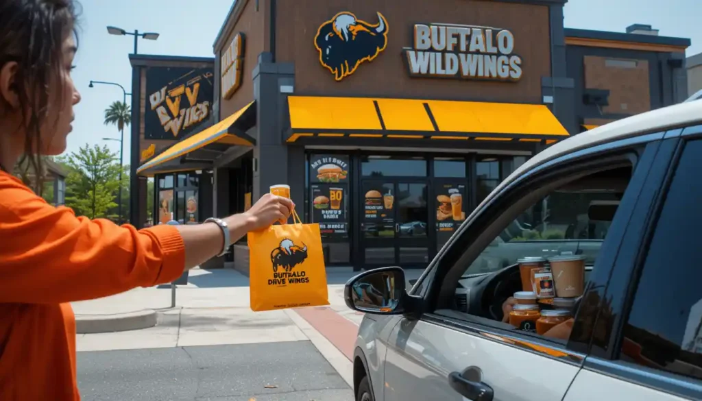 "Buffalo Wild Wings drive-thru with car receiving takeout order, visible menu board, and Buffalo Wild Wings logo on building and packaging"
