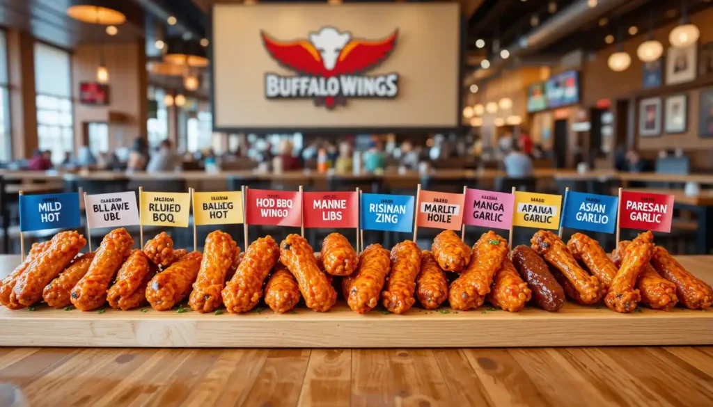 Buffalo Wild Wings flavors displayed with a variety of sauced wings on a platter inside a Buffalo Wild Wings restaurant, with the logo in the background.