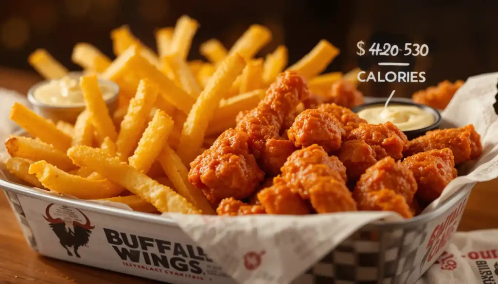 "Buffalo Wild Wings fries calories count shown beside seasoned and classic fries in branded tray with visible Buffalo Wild Wings logo"