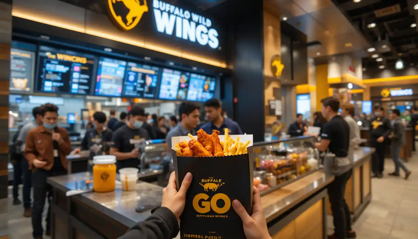 "Buffalo Wild Wings GO location with takeout orders being picked up, branded packaging, and visible Buffalo Wild Wings GO logo on storefront"
