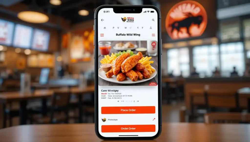 Buffalo Wild Wings order online screen showing wings and fries in a mobile app cart, with the Buffalo Wild Wings logo and restaurant background.