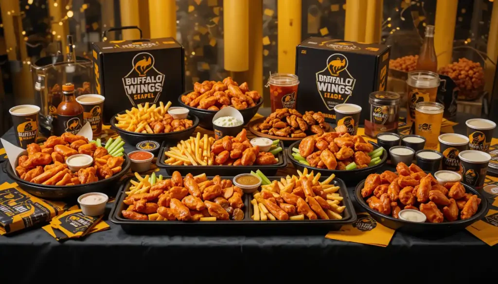 "Buffalo Wild Wings Party Packs with assorted wings, fries, and sauces in branded packaging on table with visible Buffalo Wild Wings logo"