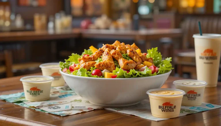 "Buffalo Wild Wings salad dressing cups including ranch and bleu cheese served with chicken salad and visible Buffalo Wild Wings logo"