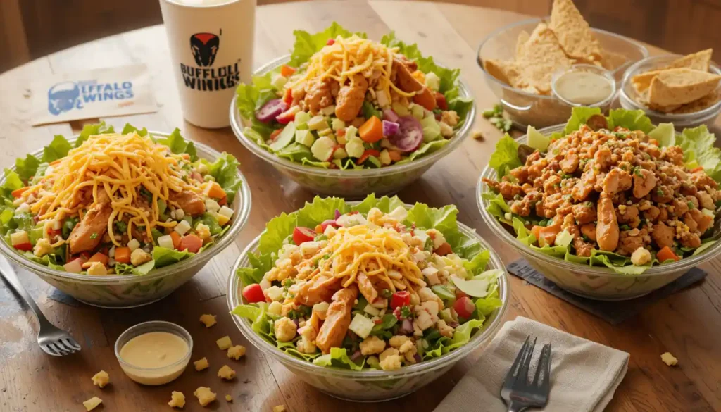 "Buffalo Wild Wings Salads Menu featuring Buffalo Chicken, Cobb, and Caesar salads with dressing and visible Buffalo Wild Wings logo"