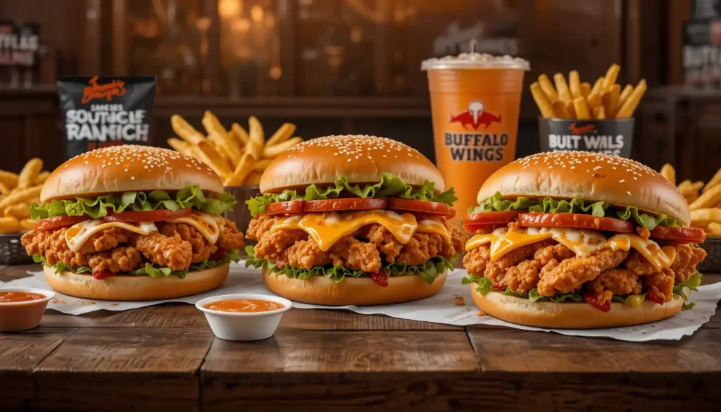 "Buffalo Wild Wings sandwiches including crispy chicken and buffalo ranch sandwiches served with fries and visible Buffalo Wild Wings logo"