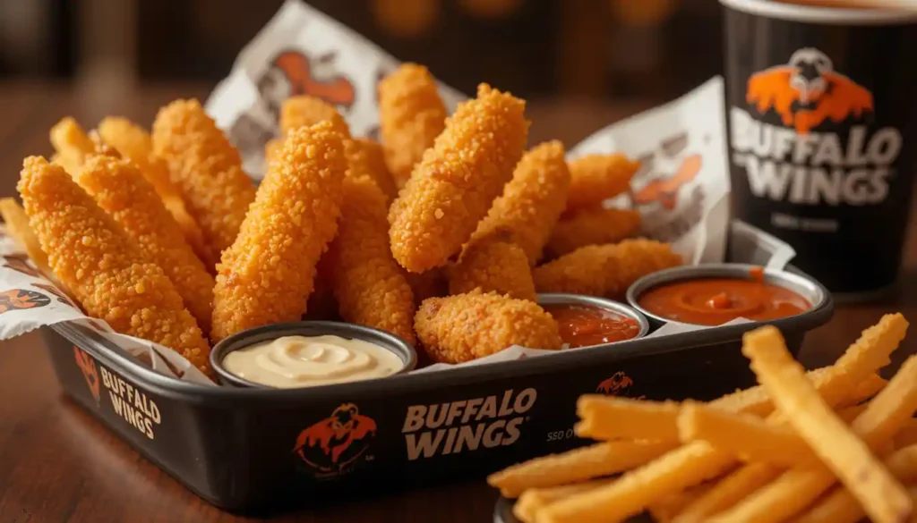 "Buffalo Wild Wings tenders served with dipping sauces and fries in branded tray with visible Buffalo Wild Wings logo"