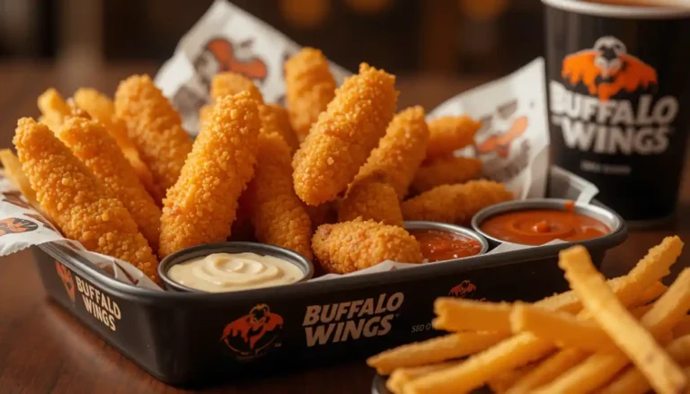 "Buffalo Wild Wings tenders served with dipping sauces and fries in branded tray with visible Buffalo Wild Wings logo"