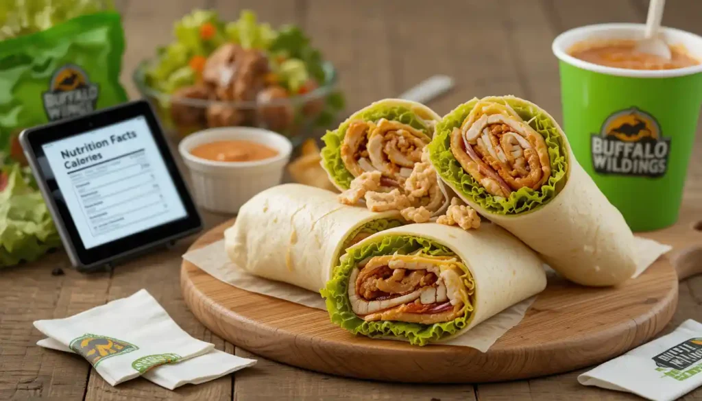 "Buffalo Wild Wings wraps calories info displayed beside sliced wraps showing chicken, lettuce, and cheese with visible Buffalo Wild Wings logo.