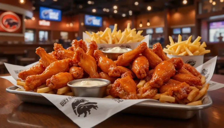 Buffalo Wild Wings 20 Traditional Wings and Fries served hot with dipping sauces in branded packaging inside a casual sports bar restaurant.