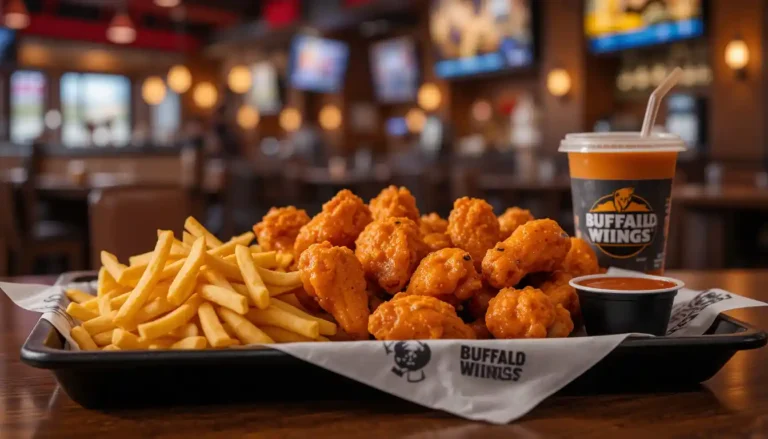Buffalo Wild Wings 6 Boneless Wings and Fries with dipping sauce, served in branded packaging inside a lively sports bar restaurant.