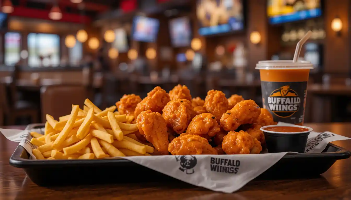 6 Boneless Wings and Fries – Great Deal 2025 1 Buffalo Wild Wings 6 Boneless Wings and Fries with dipping sauce, served in branded packaging inside a lively sports bar restaurant.