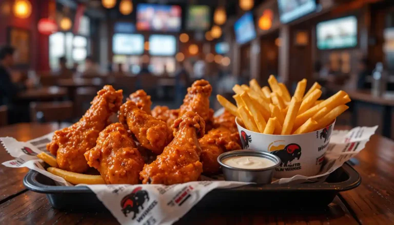 Buffalo Wild Wings 6 Traditional Wings and Fries served with dipping sauce in branded packaging inside a casual sports bar setting.