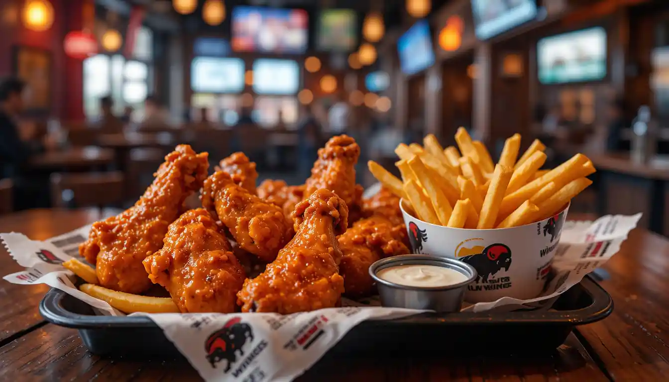 6 Traditional Wings and Fries – Classic Meal 2025 1 Buffalo Wild Wings 6 Traditional Wings and Fries served with dipping sauce in branded packaging inside a casual sports bar setting.