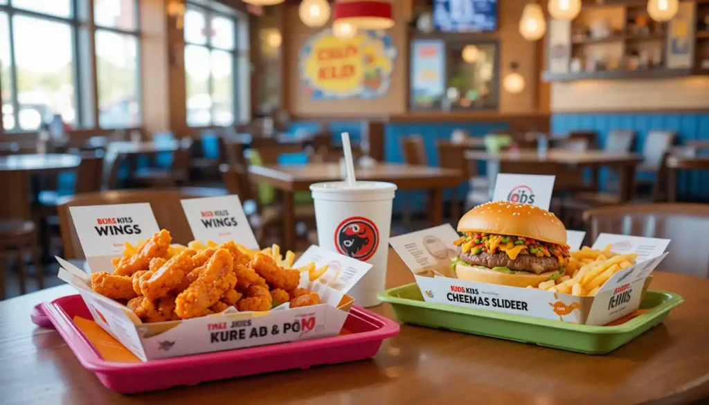 Kids Menu Sizes featuring small portions of boneless wings, mac & cheese, and sliders with fries and drinks, served in branded kids packaging inside a casual restaurant.