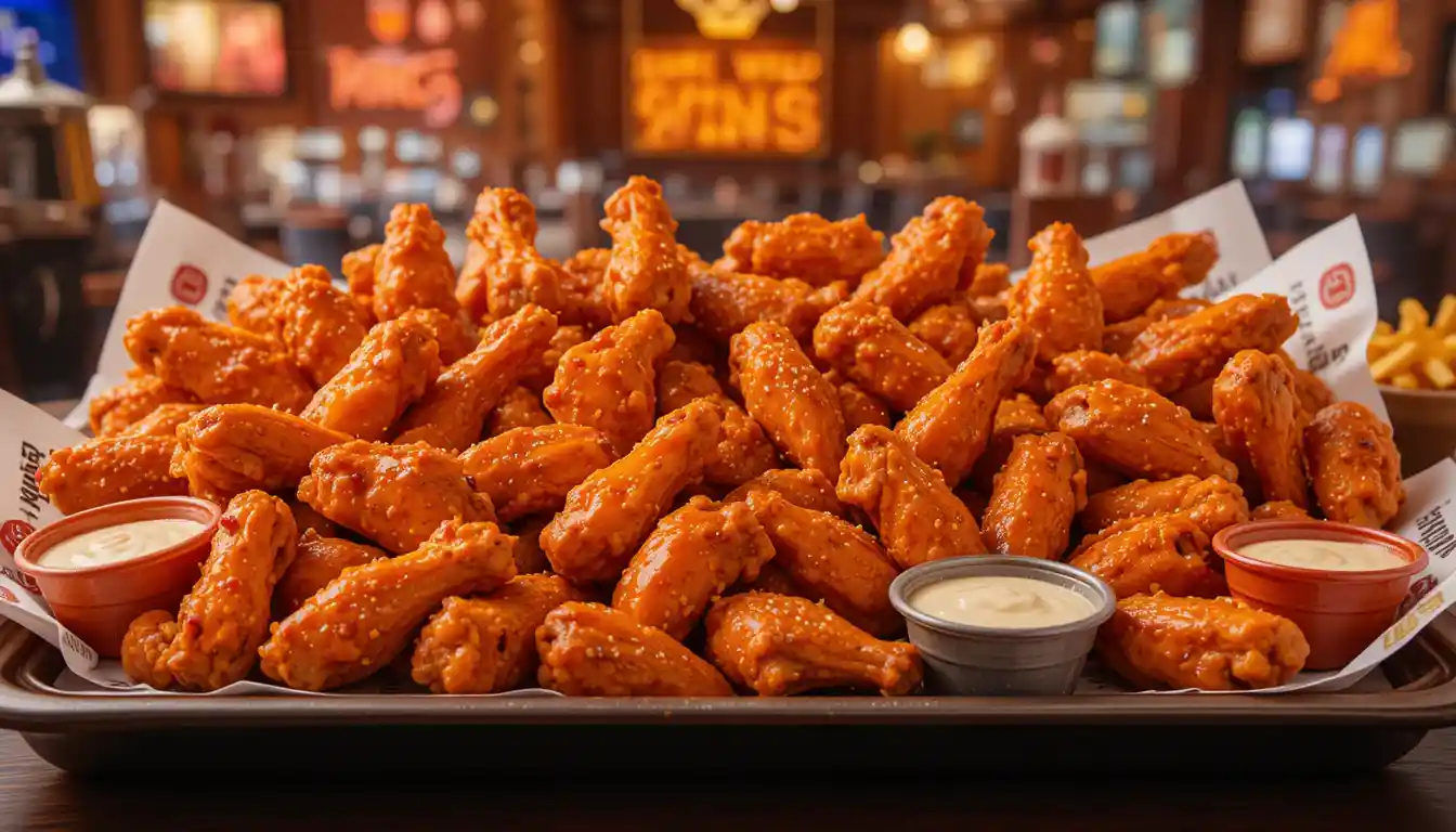 Buffalo Wild Wings 20 20 Wing Bundle – Double the Flavor 1 Buffalo Wild Wings 20 20 Wing Bundle with 20 traditional and 20 boneless wings in assorted sauces, served with dips in a branded sports bar setting.
