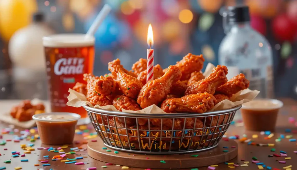 Buffalo Wild Wings birthday reward with basket of wings, sauces, and festive birthday candle
