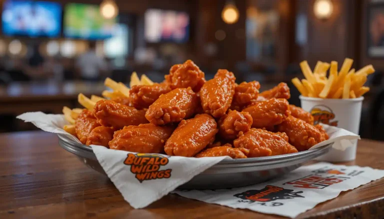 Buffalo Wild Wings 10 count traditional wings and fries served in branded packaging with the Buffalo Wild Wings logo inside a casual sports bar restaurant.