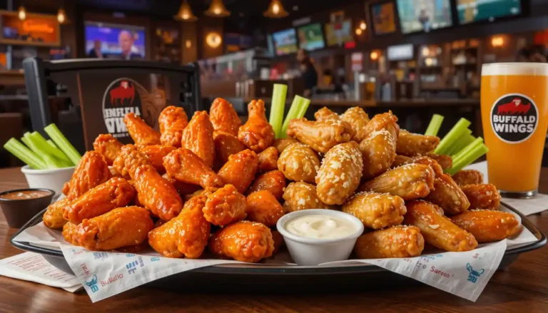 Buffalo Wild Wings 15-15 Wing Bundle with 15 traditional and 15 boneless wings in two sauces, served with dips and logo-branded packaging inside a sports bar setting.