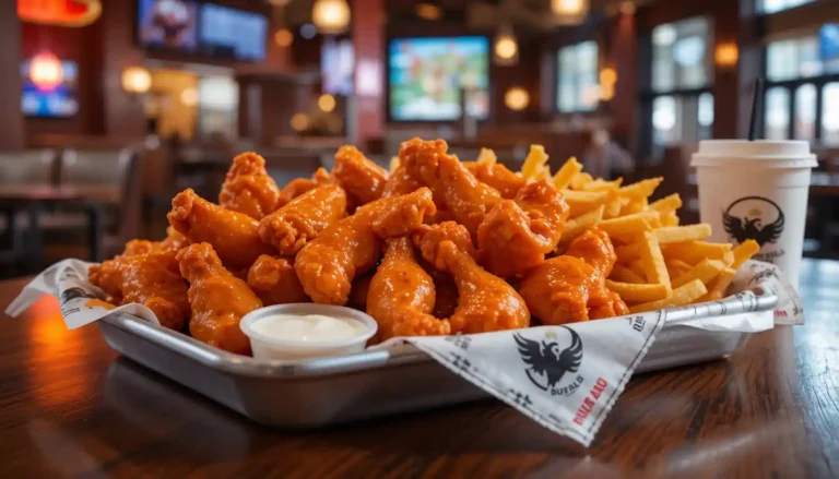 Buffalo Wild Wings 20 Boneless Wings and Fries served with dipping sauces in branded packaging inside a lively sports bar setting.
