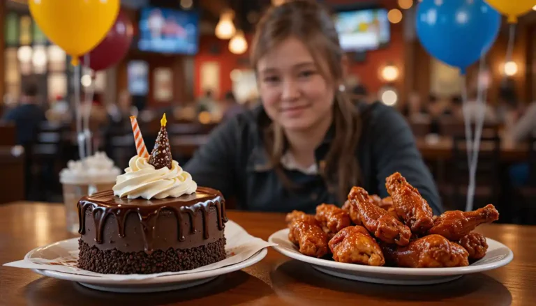 Buffalo Wild Wings birthday reward featuring a free dessert and wings served in a festive sports bar setting with branded packaging and birthday decorations.