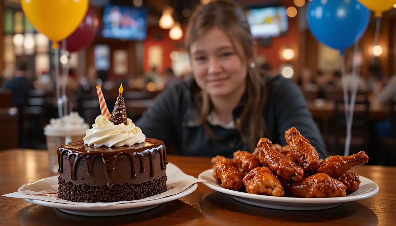Buffalo Wild Wings birthday reward featuring a free dessert and wings served in a festive sports bar setting with branded packaging and birthday decorations.