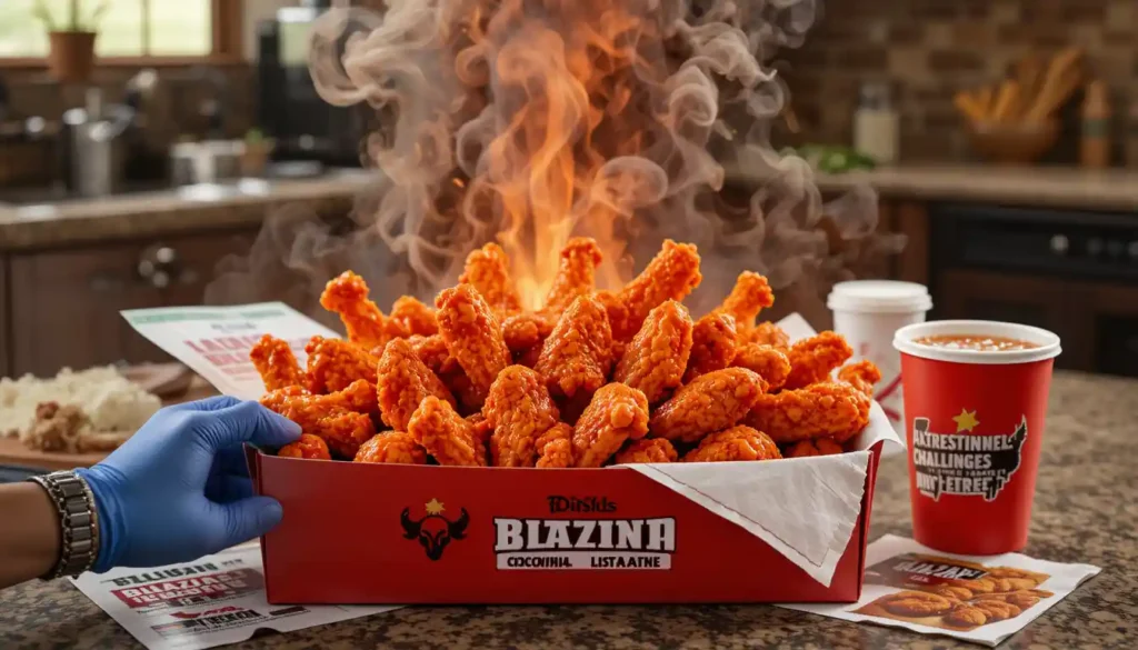 Buffalo Wild Wings Blazin Challenge at Home featuring fiery wings in branded takeout packaging with challenge details on a kitchen table.